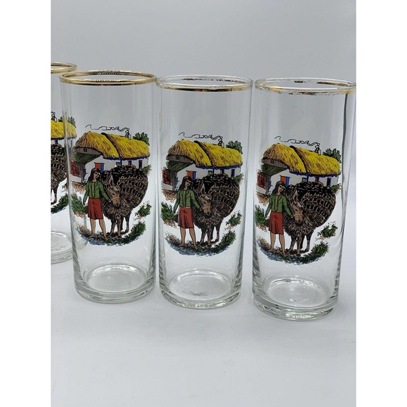 Vintage MCM Barware Water Cocktail Highball Glasses Donkey Villager Motif Set 6 - Picture 3 of 7